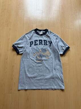 90s Anvil Perry Mascot Ringer T-Shirt Size M Gray